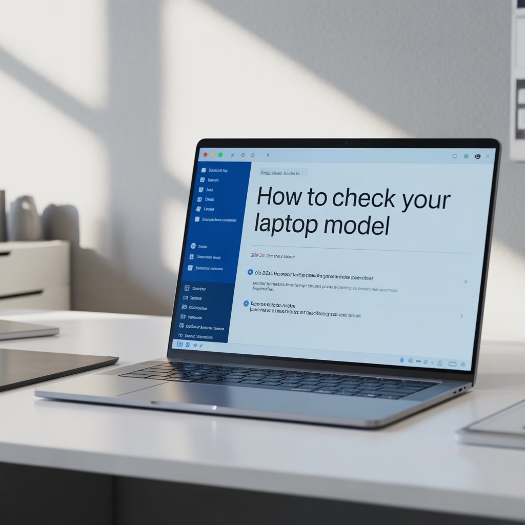 Laptop on a desk displaying a guide on how to check your laptop model, showing a clean and simple tutorial on the screen