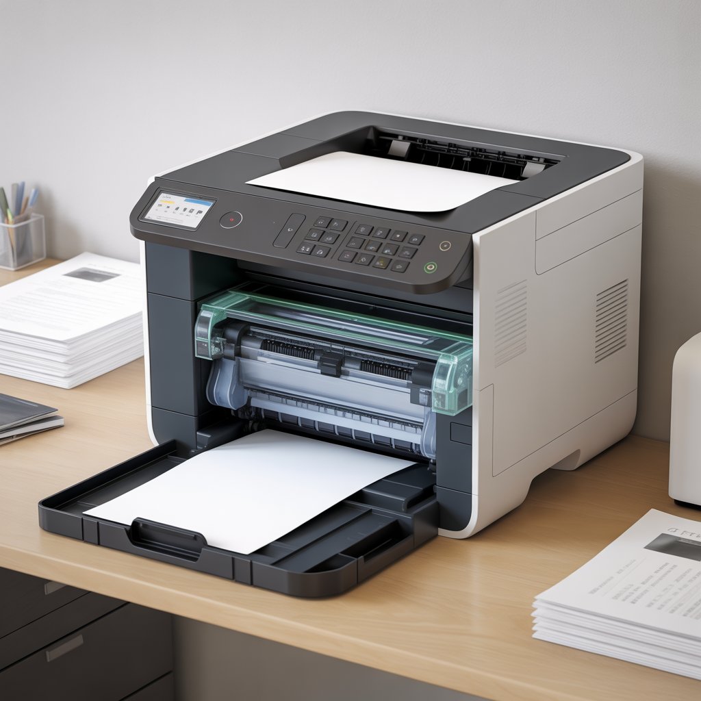 Modern laser printer on office desk showing paper tray and printing setup