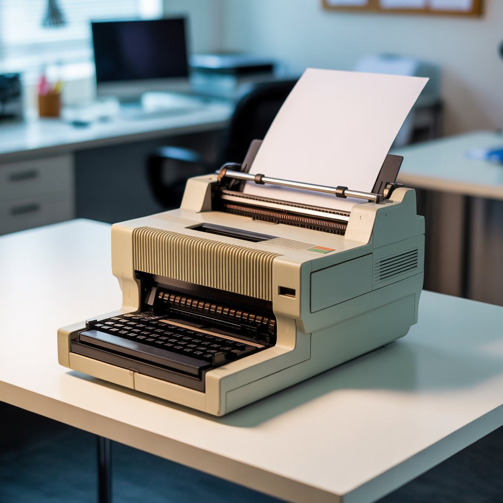 Vintage impact printer on office desk showing paper feed and print head mechanism
