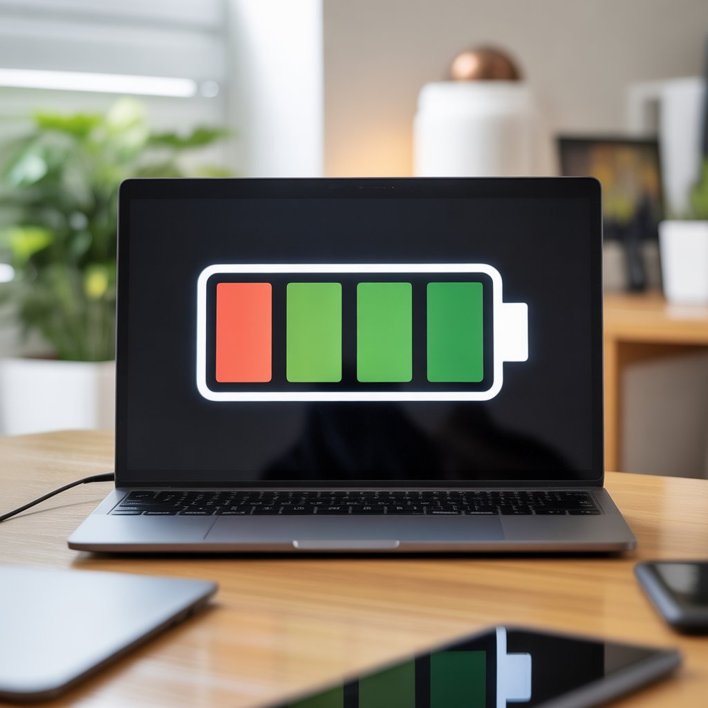 Laptop showing a battery level indicator on screen while charging on a desk in a modern home workspace